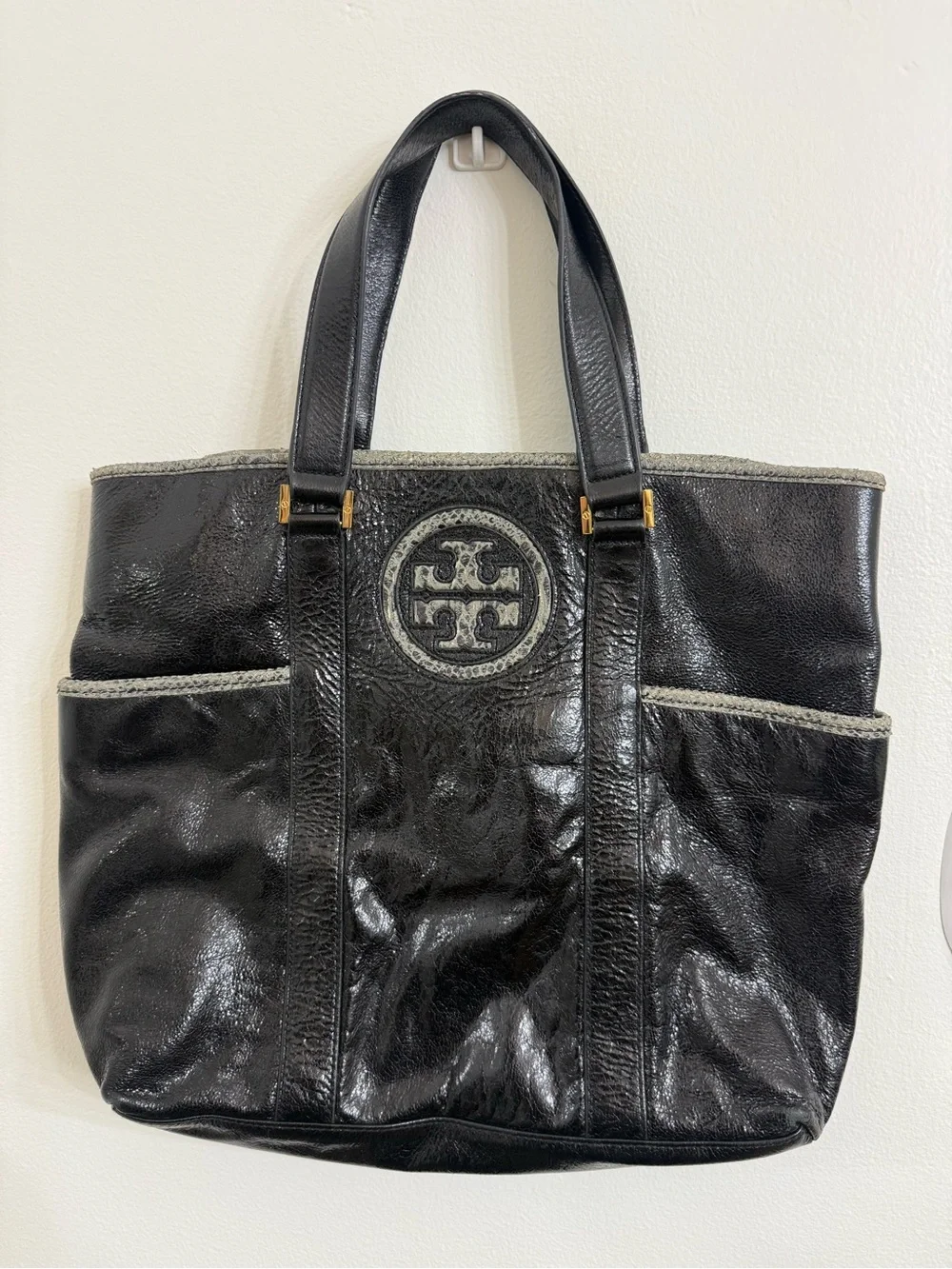 Tory Burch Black Leather Tote with Gray Trim and Logo